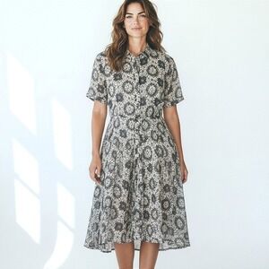 Hache Italy Designer Sheer Shirt Dress 44 Gray Abstract Minimalist Button Front